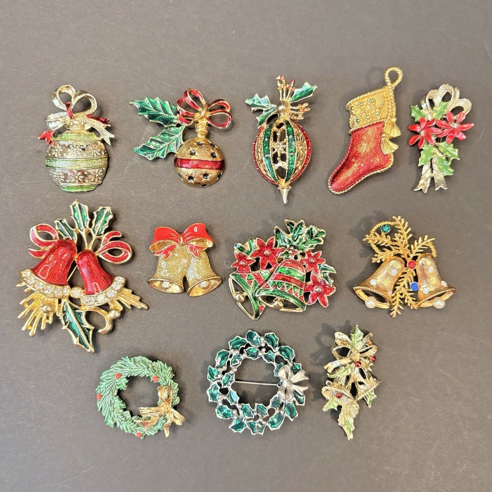 Vintage Bells Wreath Stocking Brooches Lot of 12 Holiday Retro Enamel Rhinestone